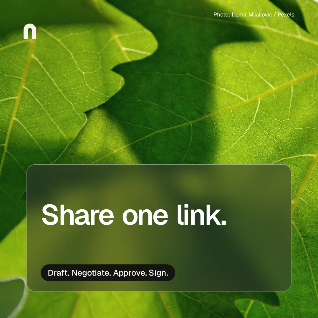 Instagram post for contracts.io: "Share one link." Glass style, technique:pexels ingredient layout, dark palette in green.