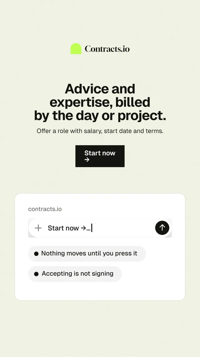 Instagram story for contracts.io: "Advice and expertise, billed by the day or project." Swiss style, centred layout, light palette in white, grey.