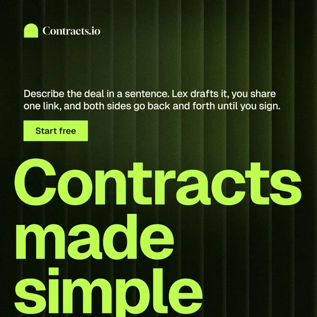 Instagram post for contracts.io: "Contracts made simple." Swiss style, oversized layout, dark palette in green, black.
