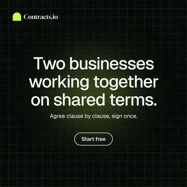 Instagram post for contracts.io: "Two businesses working together on shared terms." Phosphor atlas style, centred layout, dark palette in black, grey.