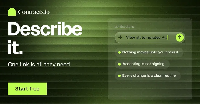 Social ad for contracts.io: "Describe it." Swiss style, bottom layout, dark palette in green, black.