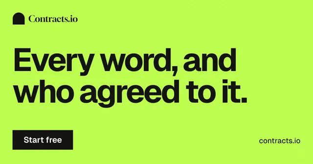 Social ad for contracts.io: "Every word, and who agreed to it." Swiss style, poster layout, light palette in green.
