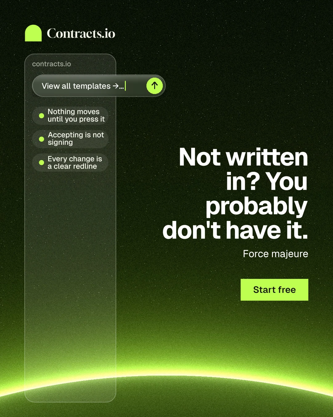 Instagram portrait post for contracts.io: "Not written in? You probably don't have it." Swiss style, right layout, dark palette in green, black.