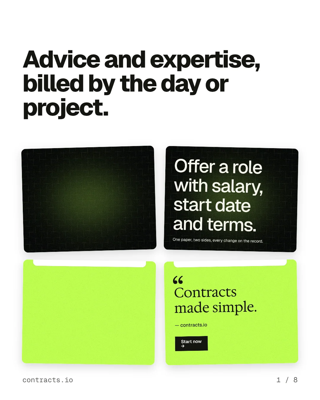 Carousel for contracts.io: "Advice and expertise, billed by the day or project.". Collection carousel, 8 slides, light palette.