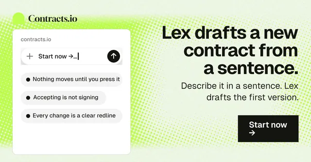Social ad for contracts.io: "Lex drafts a new contract from a sentence." Swiss style, right layout, light palette in green, white, grey.