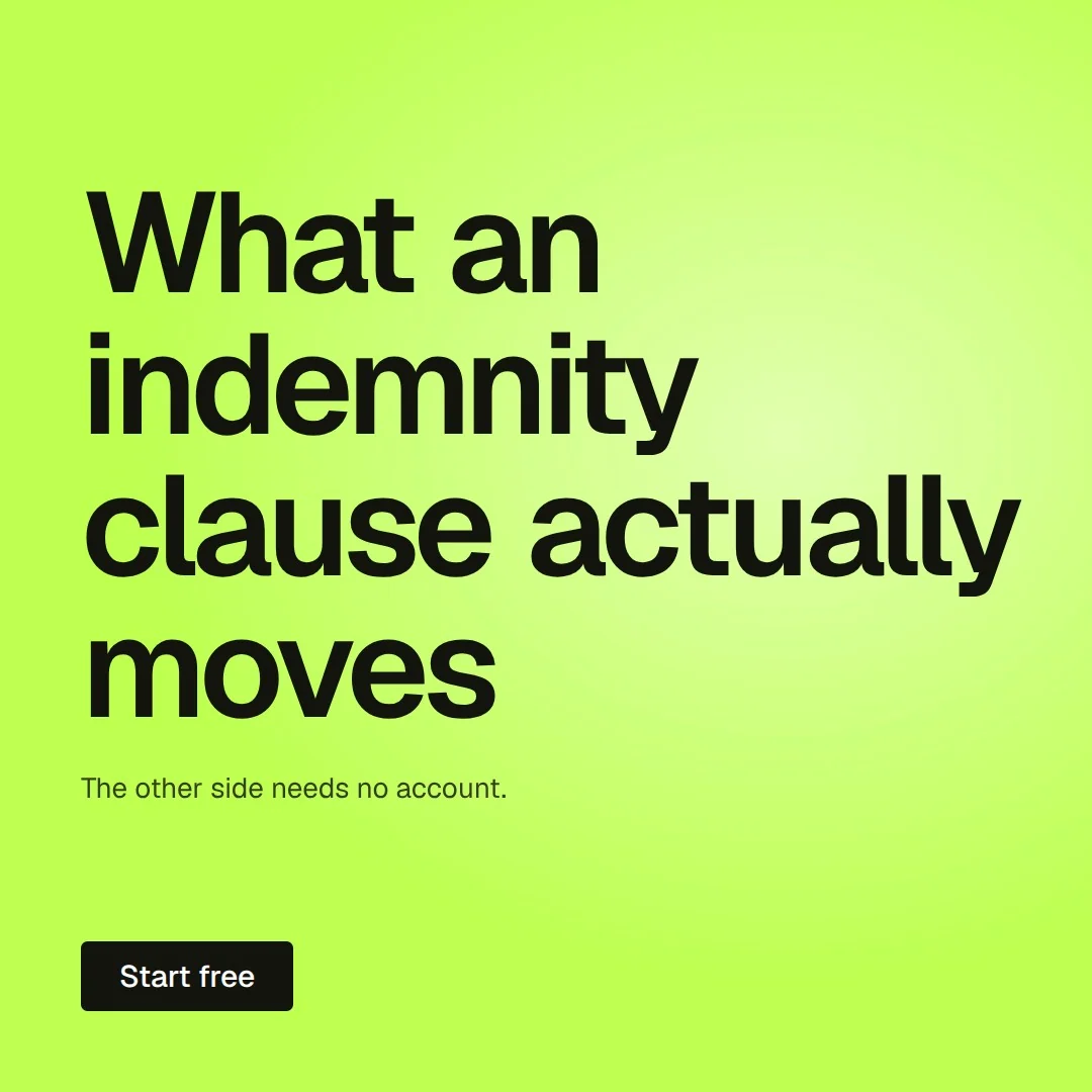 Video for contracts.io: "What an indemnity clause actually moves". Doc motion loop, 6.0 s, light palette.