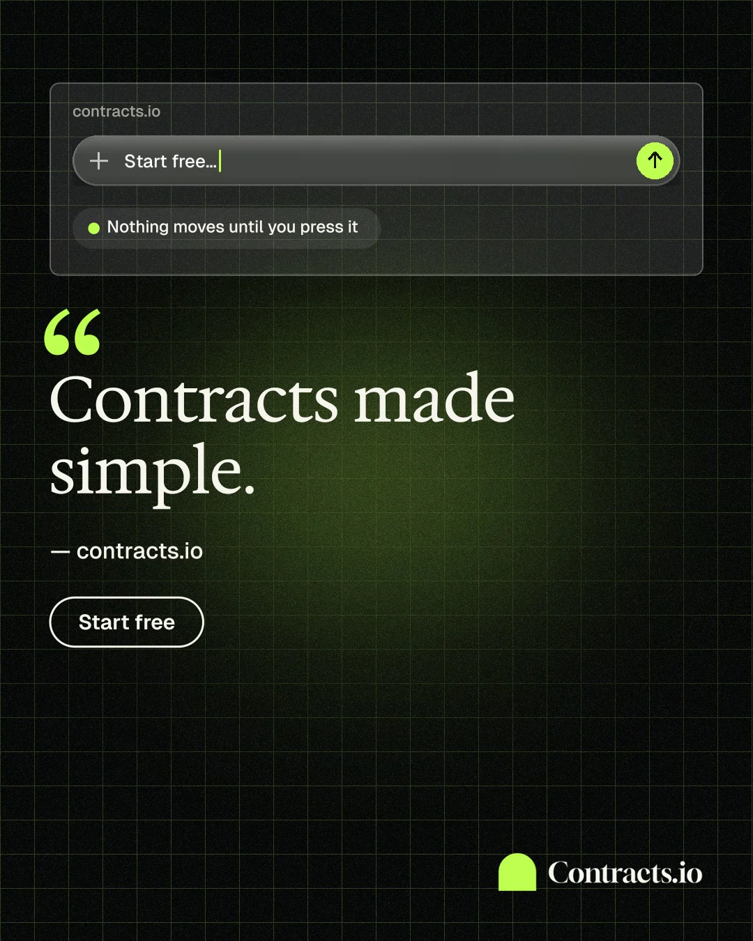 Instagram portrait post for contracts.io: "Contracts made simple." Phosphor atlas style, quote layout, dark palette in black, green, grey.