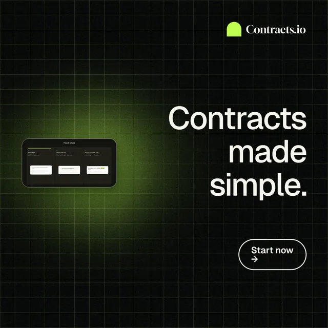 Instagram post for contracts.io: "Contracts made simple." Phosphor atlas style, right layout, dark palette in black, green.
