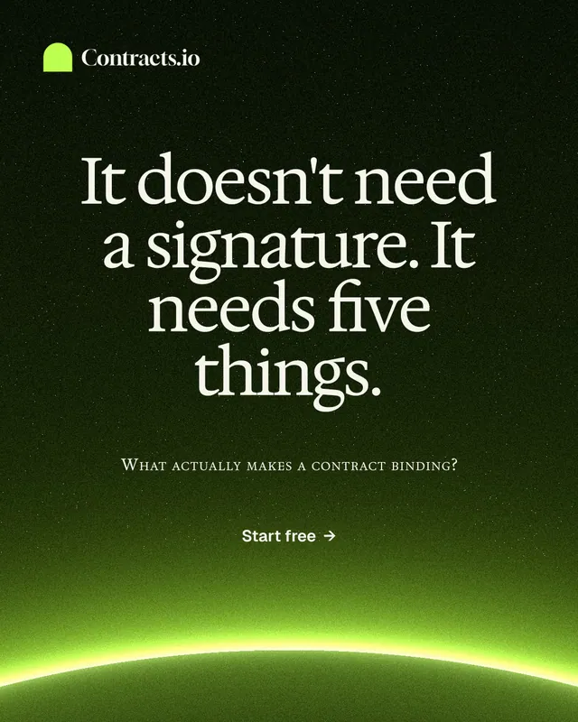 Instagram portrait post for contracts.io: "It doesn't need a signature. It needs five things." Swiss style, smallcaps layout, dark palette in green, black.