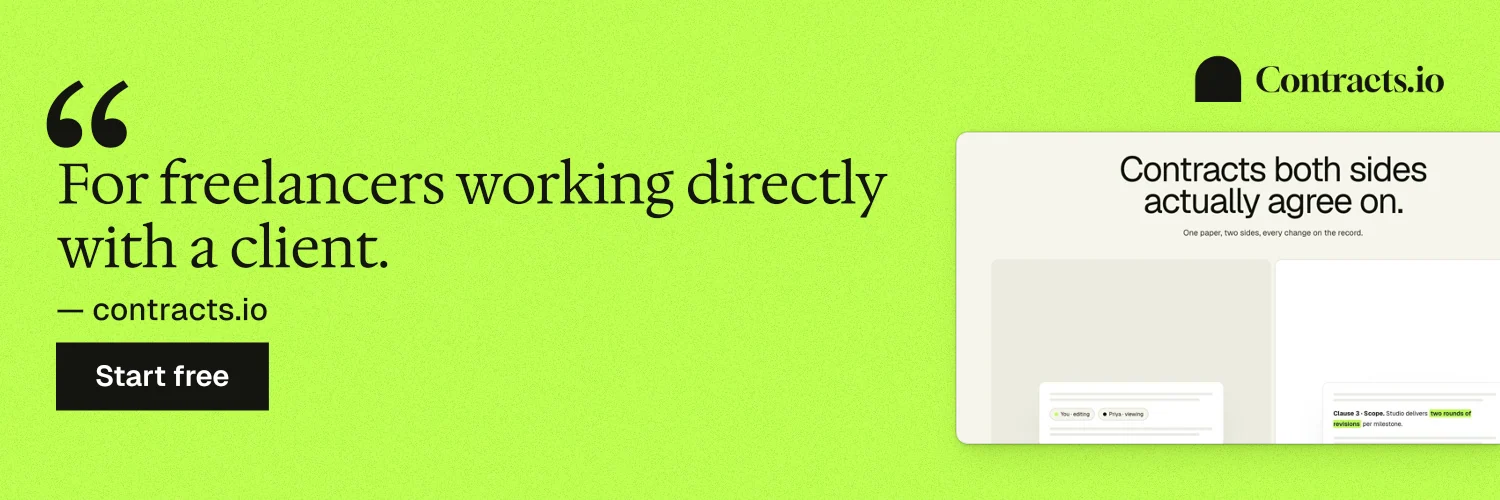 X header for contracts.io: "For freelancers working directly with a client." Swiss style, quote layout, light palette in green.