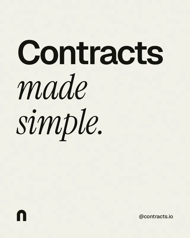 Instagram portrait post for contracts.io: "Contracts made simple." Editorial style, technique:mixed type lockup layout, light palette in white, grey.