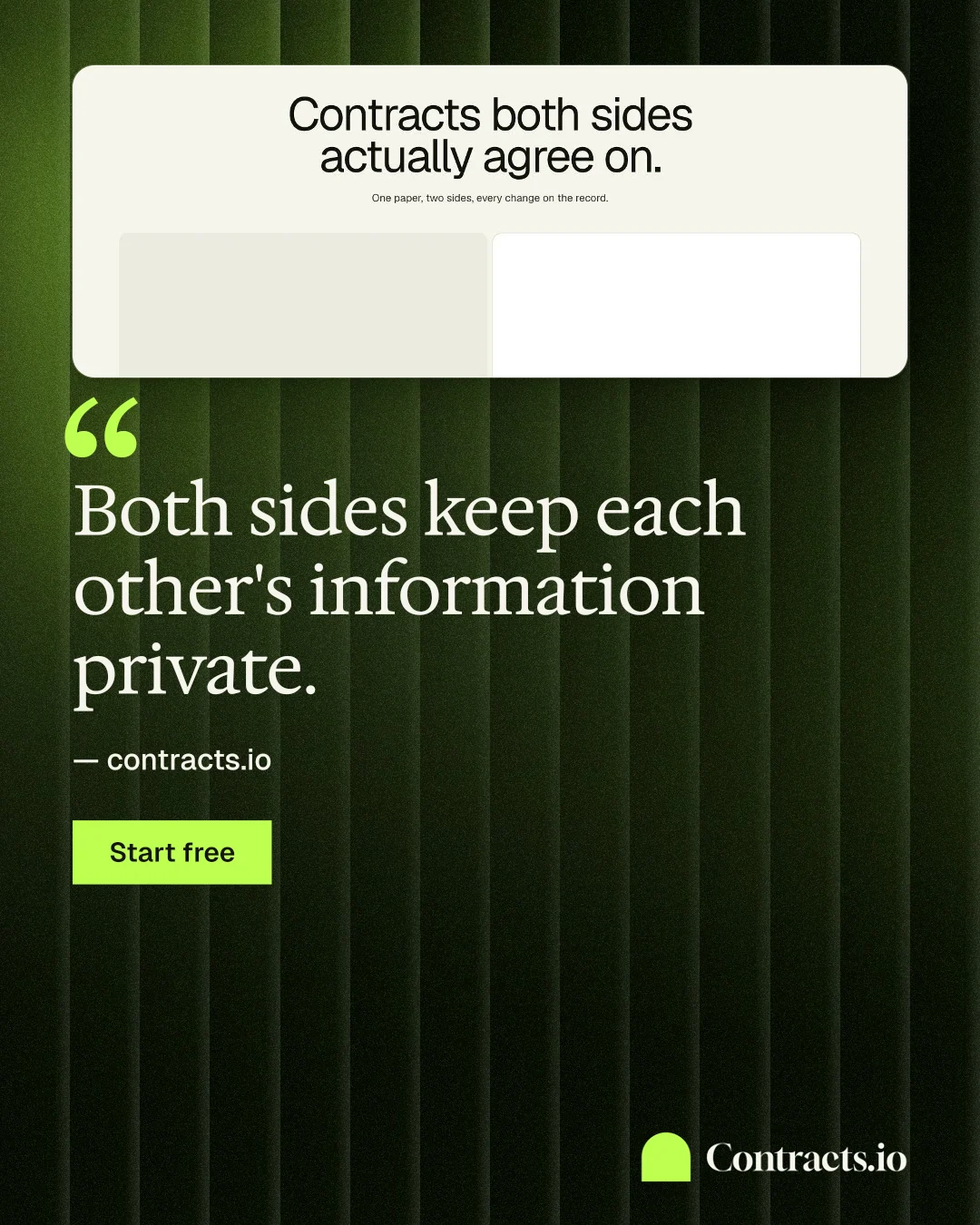 Instagram portrait post for contracts.io: "Both sides keep each other's information private." Swiss style, quote layout, dark palette in black, green, white.