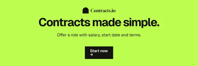 X header for contracts.io: "Contracts made simple." Swiss style, centred layout, light palette in green.