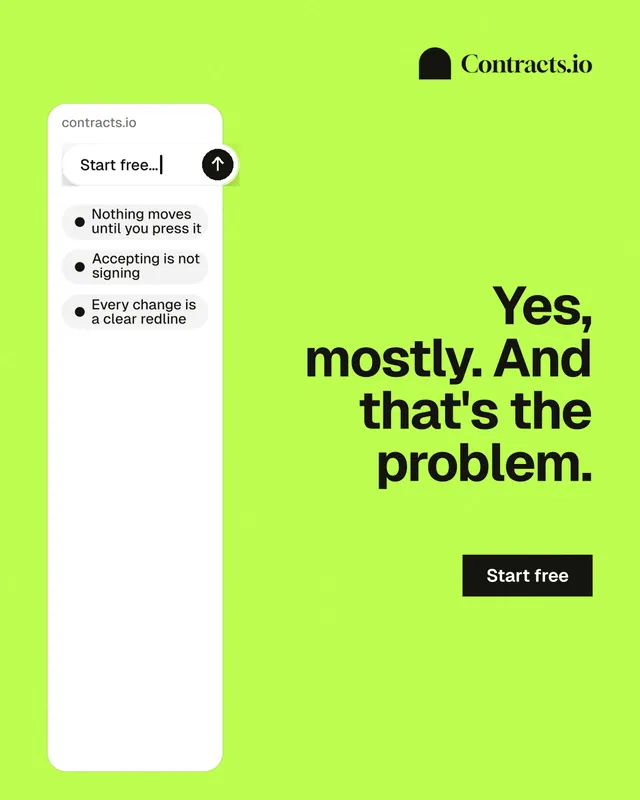Instagram portrait post for contracts.io: "Yes, mostly. And that's the problem." Swiss style, right layout, light palette in green, white.