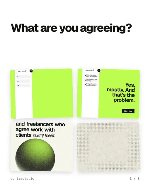Carousel for contracts.io: "What are you agreeing?". Collection carousel, 8 slides, light palette.