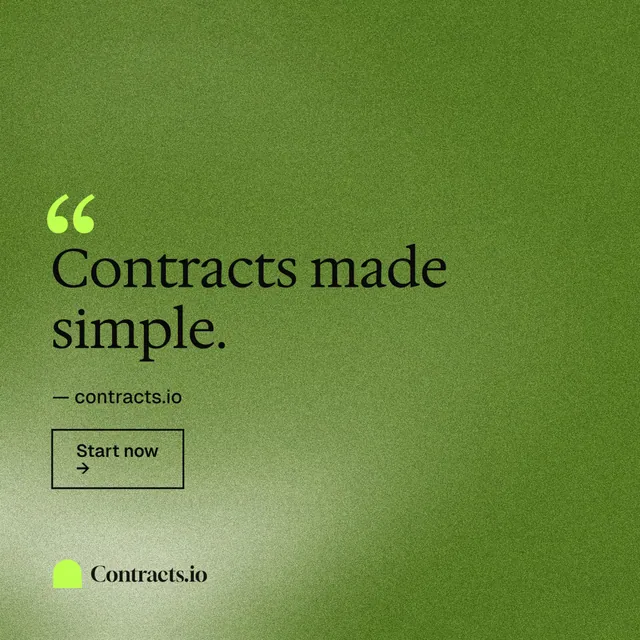 Instagram post for contracts.io: "Contracts made simple." Cyanotype style, quote layout, light palette in green.