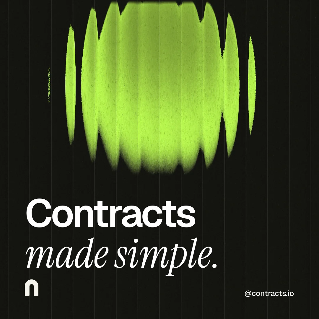 Instagram post for contracts.io: "Contracts made simple." Auto 1x1 style, technique:shader field layout, dark palette in black, green.