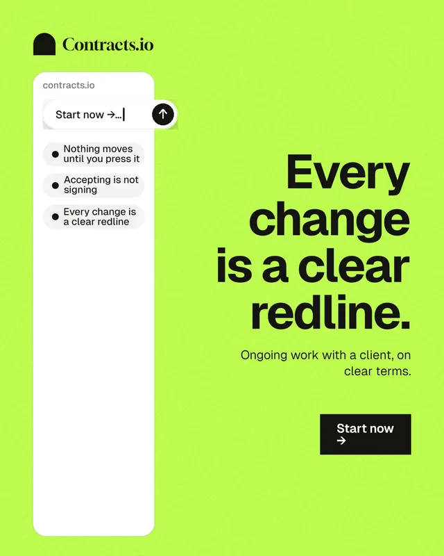Instagram portrait post for contracts.io: "Every change is a clear redline." Swiss style, right layout, light palette in green.