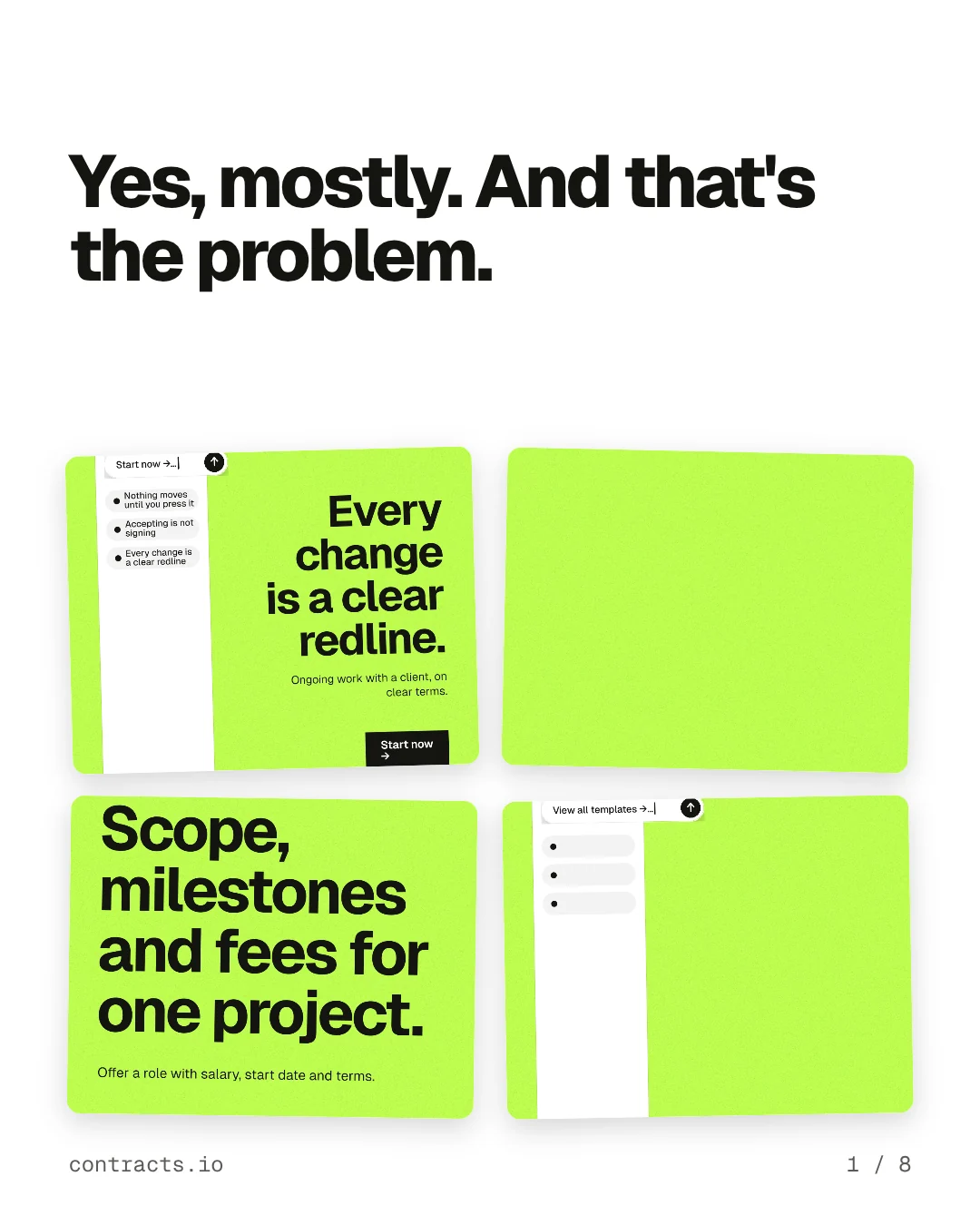 Carousel for contracts.io: "Yes, mostly. And that's the problem.". Collection carousel, 8 slides, light palette.