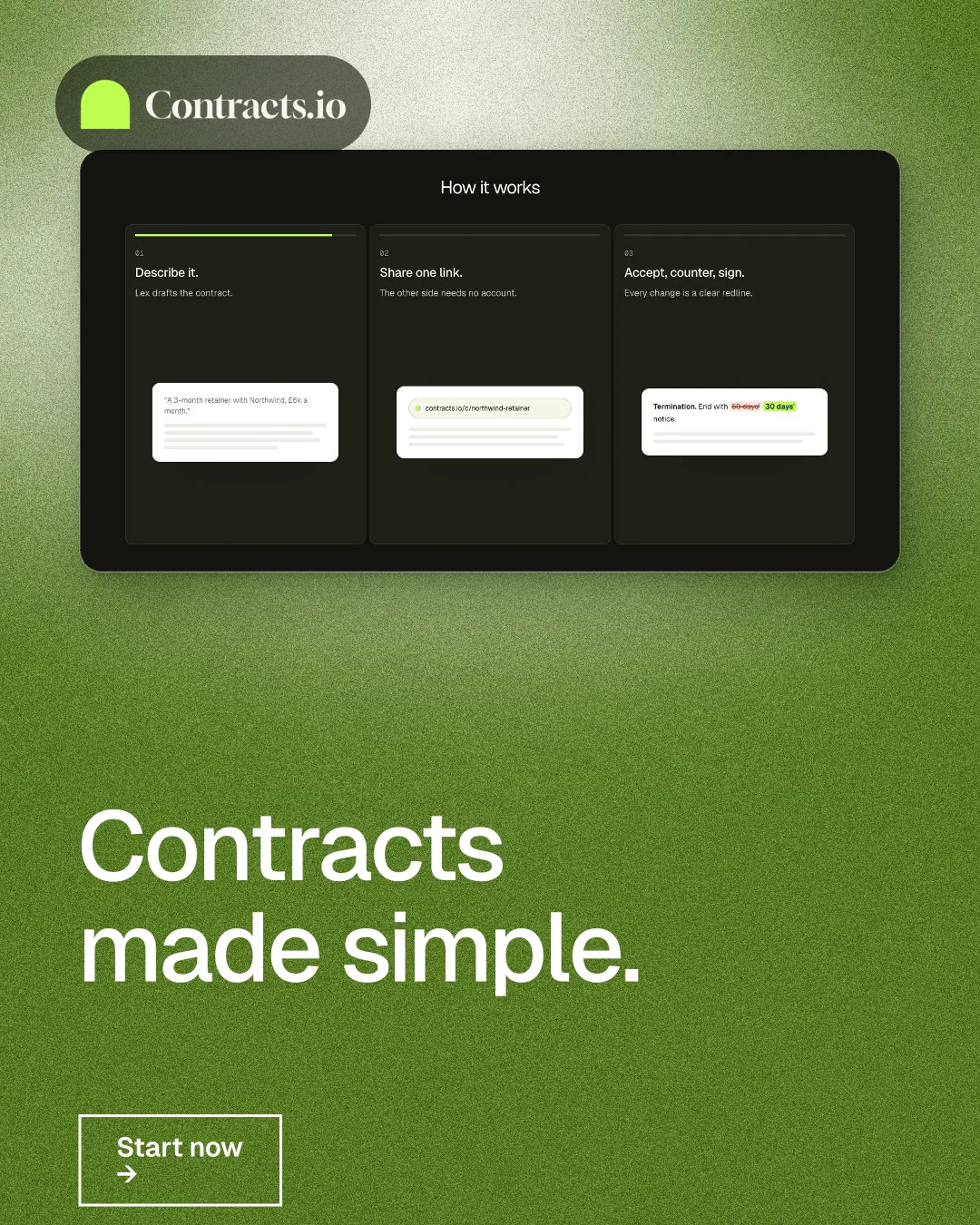 Instagram portrait post for contracts.io: "Contracts made simple." Cyanotype style, bottom layout, dark palette in green, black.