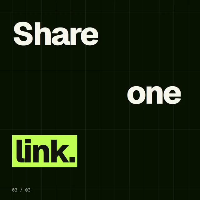 Video for contracts.io: "Share one link.". Kinetic type grid, 6.0 s, dark palette.