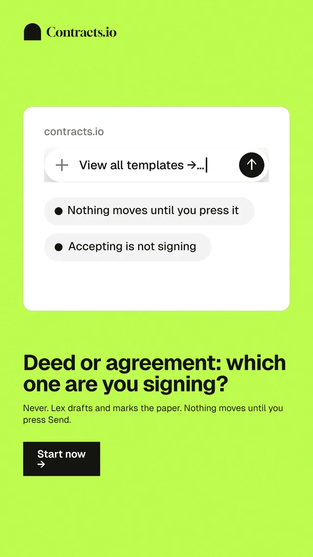 Instagram story for contracts.io: "Deed or agreement: which one are you signing?" Swiss style, bottom layout, light palette in white, green.