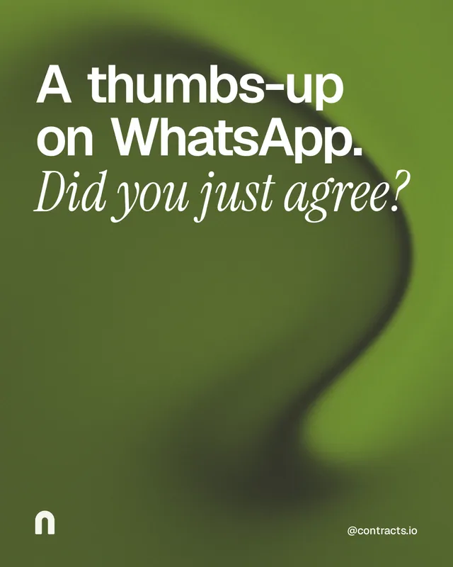 Instagram portrait post for contracts.io: "A thumbs-up on WhatsApp. Did you just agree?" Auto 4x5 style, technique:shader field layout, dark palette in green.