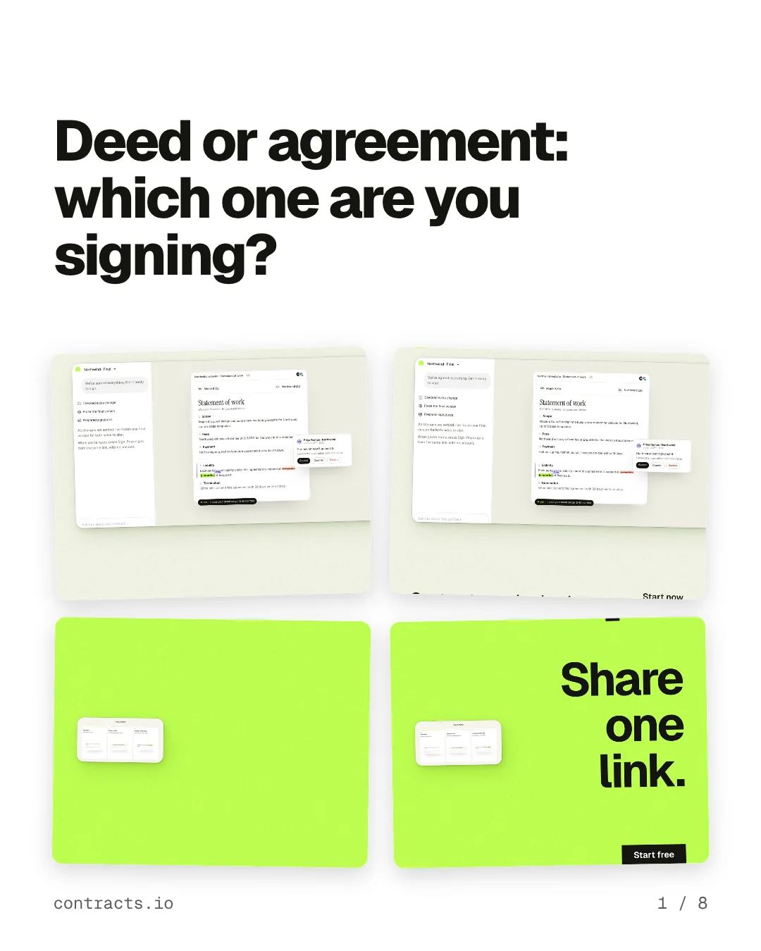 Carousel for contracts.io: "Deed or agreement: which one are you signing?". Collection carousel, 8 slides, light palette.