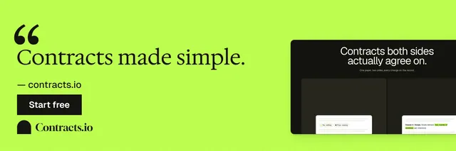 X header for contracts.io: "Contracts made simple." Swiss style, quote layout, light palette in green, black.