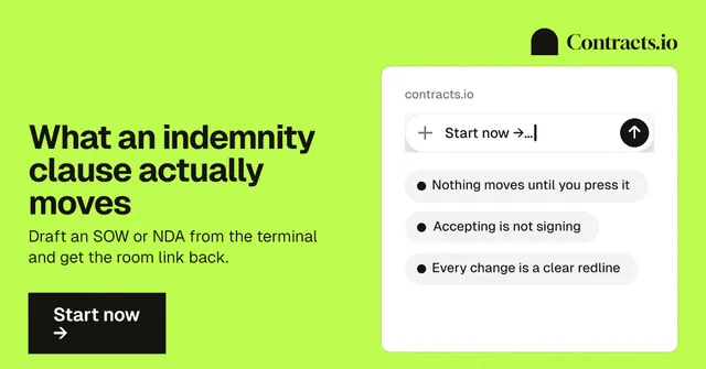Social ad for contracts.io: "What an indemnity clause actually moves". Swiss style, bottom layout, light palette in green.