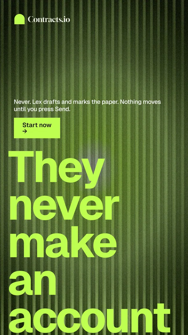 Instagram story for contracts.io: "They never make an account." Swiss style, oversized layout, dark palette in green.