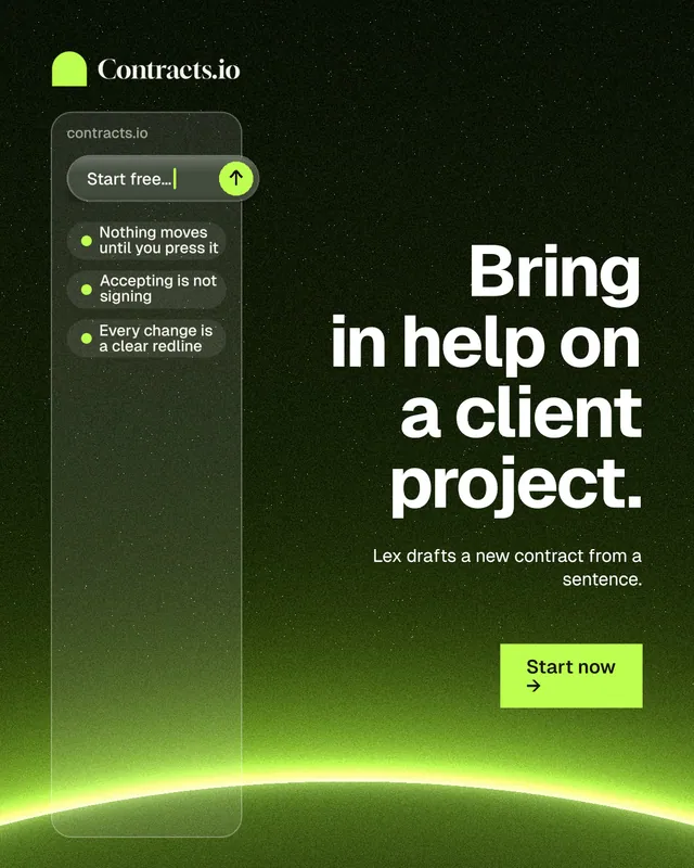 Instagram portrait post for contracts.io: "Bring in help on a client project." Swiss style, right layout, dark palette in black, green.