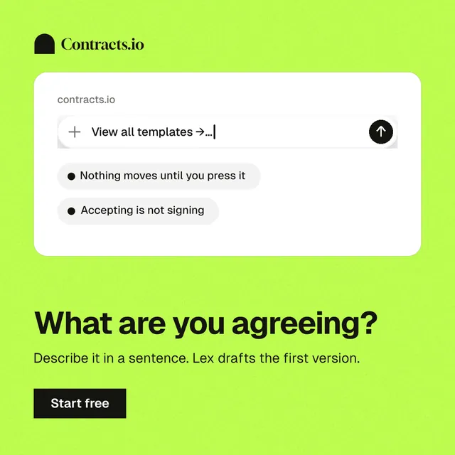 Instagram post for contracts.io: "What are you agreeing?" Swiss style, bottom layout, light palette in green, white.