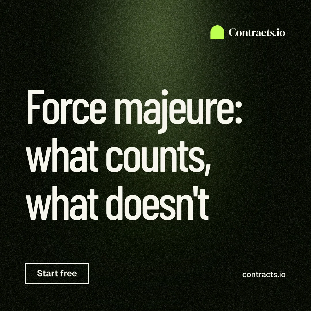 Instagram post for contracts.io: "Force majeure: what counts, what doesn't". Dark deco style, poster layout, dark palette in black, grey.