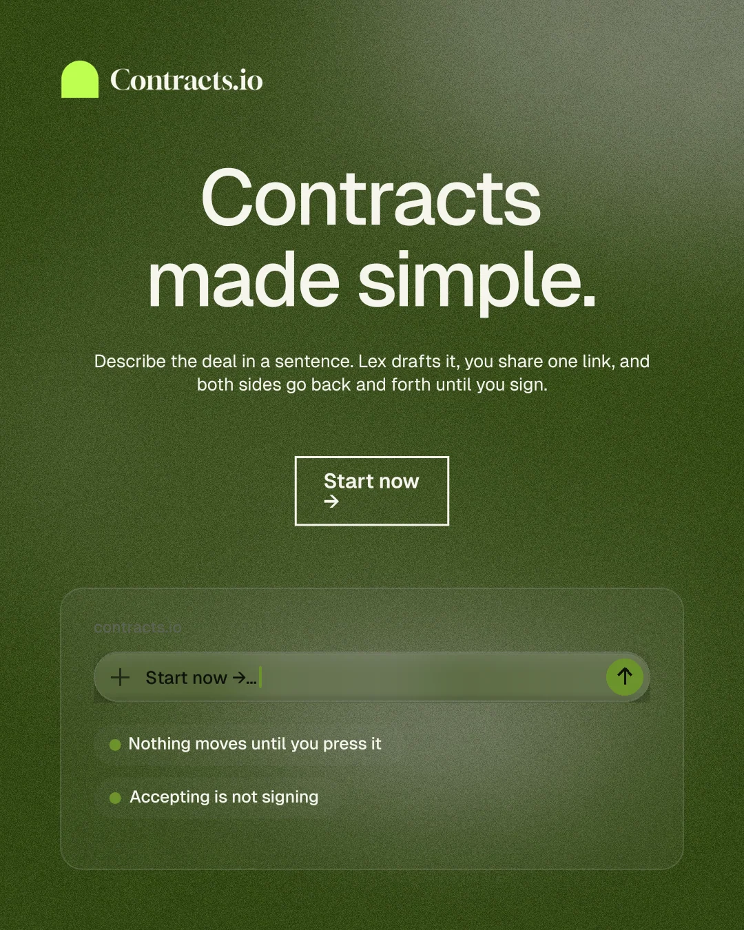Instagram portrait post for contracts.io: "Contracts made simple." Cyanotype style, centred layout, dark palette in green, grey.