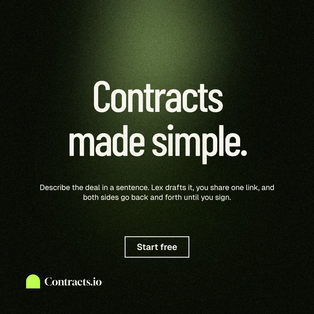 Instagram post for contracts.io: "Contracts made simple." Dark deco style, centred layout, dark palette in black, grey.
