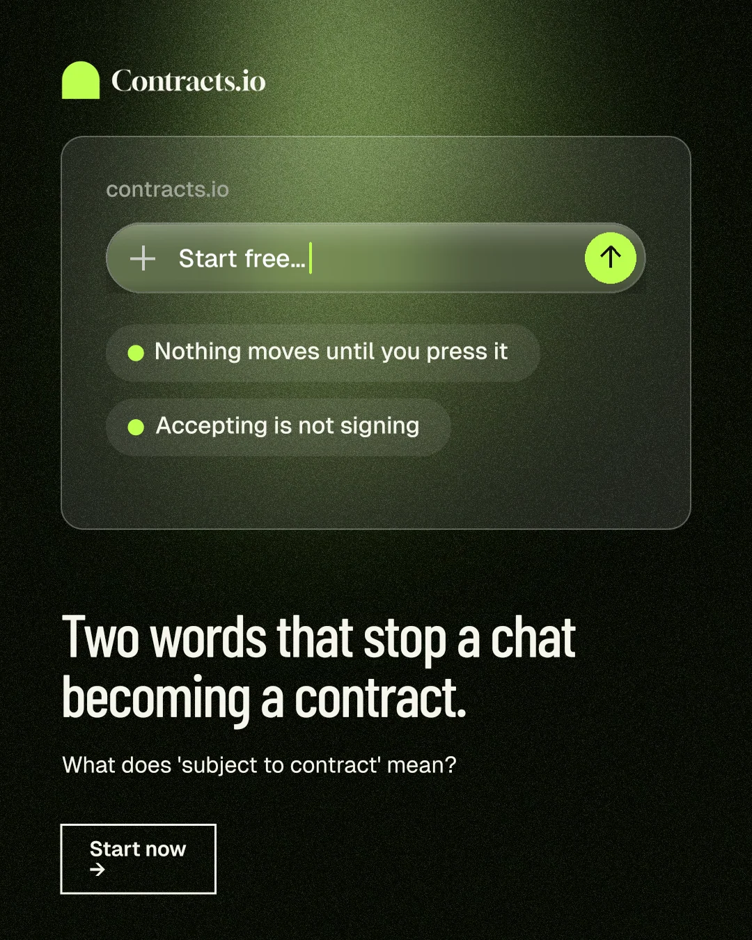 Instagram portrait post for contracts.io: "Two words that stop a chat becoming a contract." Dark deco style, bottom layout, dark palette in black, green.