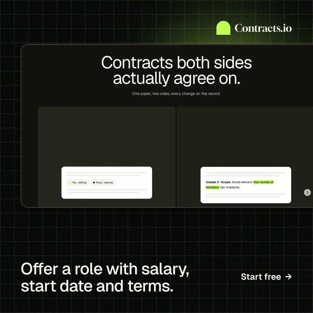 Instagram post for contracts.io: "Offer a role with salary, start date and terms." Phosphor atlas style, image led layout, dark palette in black, grey.