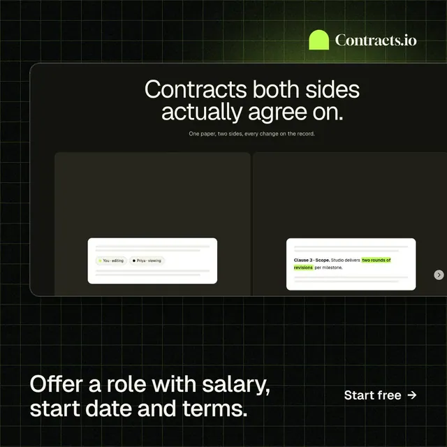 Instagram post for contracts.io: "Offer a role with salary, start date and terms." Phosphor atlas style, image led layout, dark palette in black, grey.