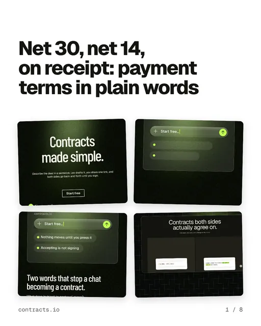 Carousel for contracts.io: "Net 30, net 14, on receipt: payment terms in plain words". Collection carousel, 8 slides, light palette.