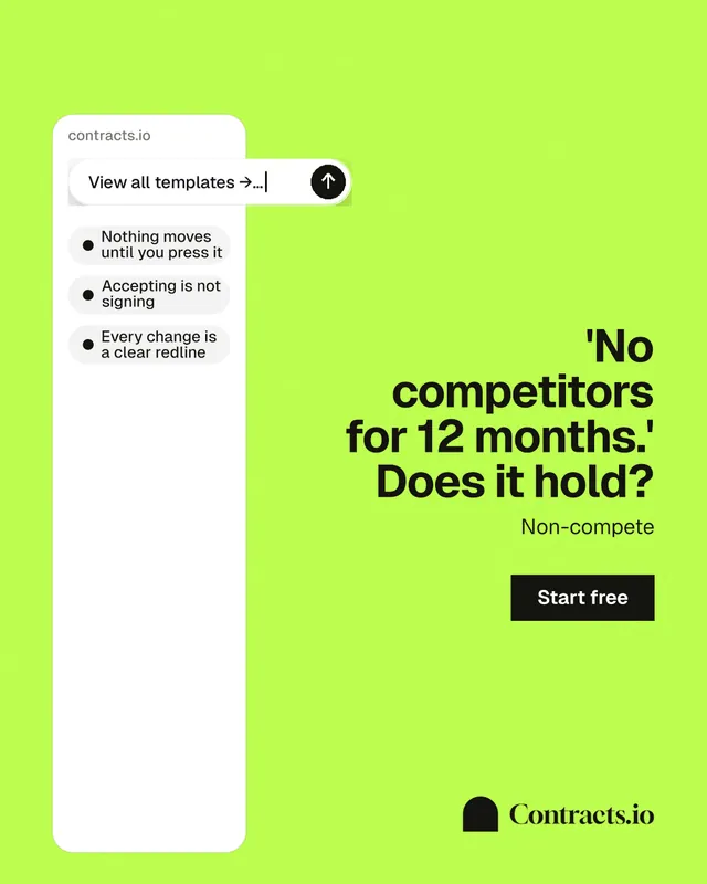 Instagram portrait post for contracts.io: "'No competitors for 12 months.' Does it hold?" Swiss style, right layout, light palette in green, white.