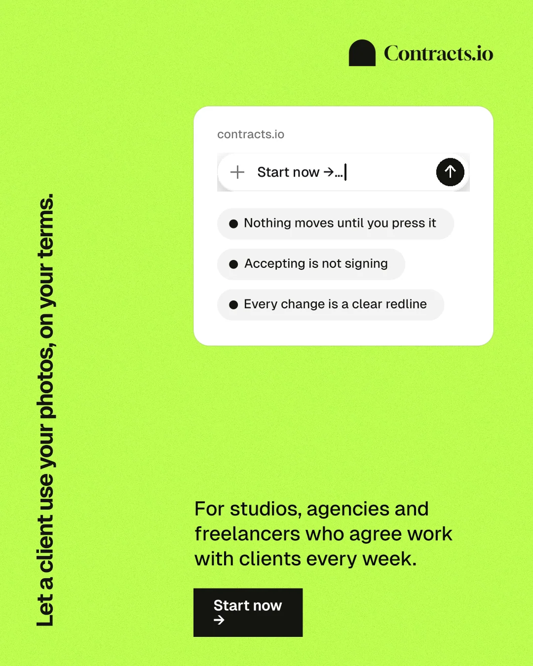 Instagram portrait post for contracts.io: "Let a client use your photos, on your terms." Swiss style, vertical layout, light palette in green.