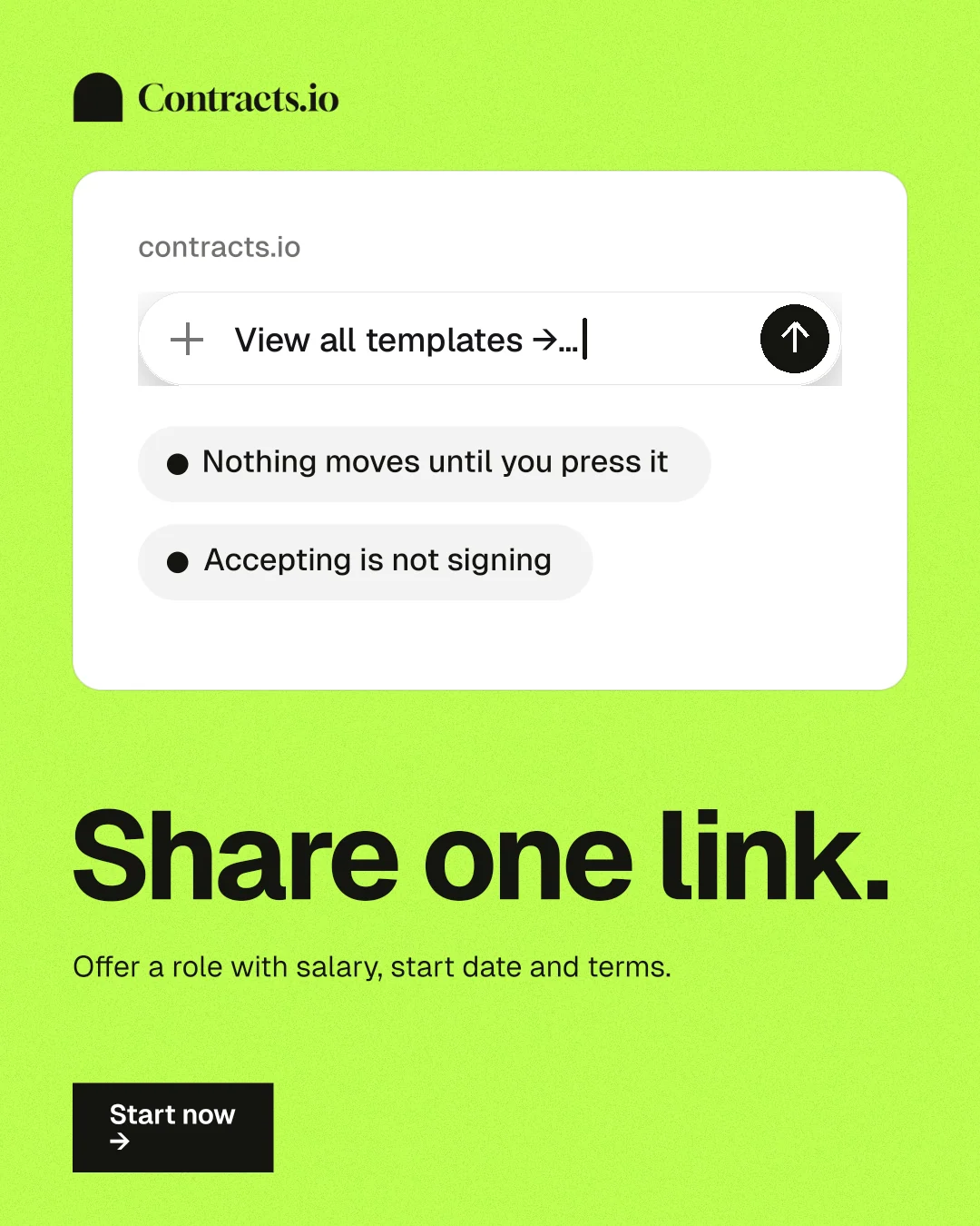 Instagram portrait post for contracts.io: "Share one link." Swiss style, bottom layout, light palette in green, white.