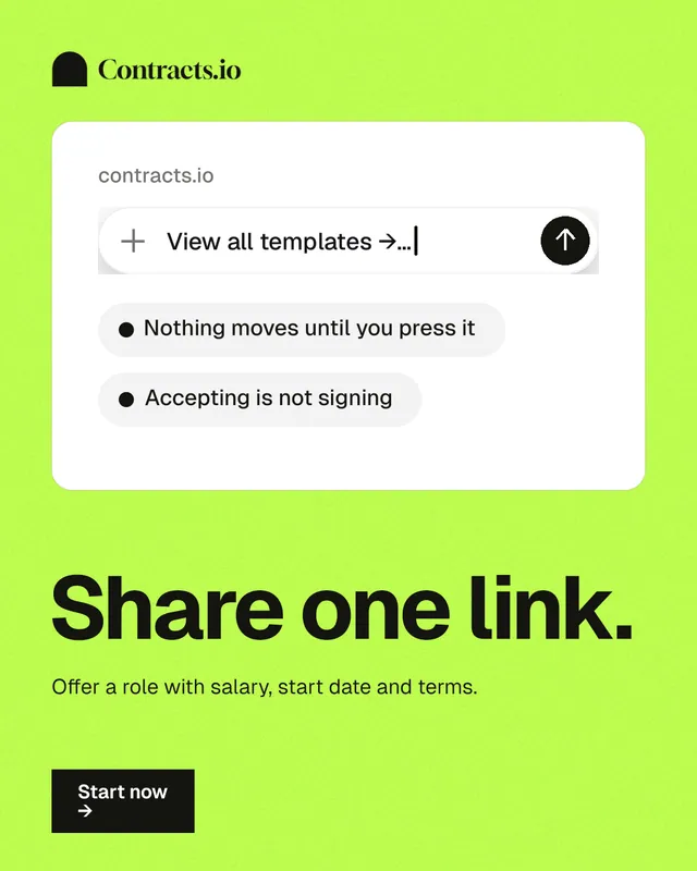 Instagram portrait post for contracts.io: "Share one link." Swiss style, bottom layout, light palette in green, white.