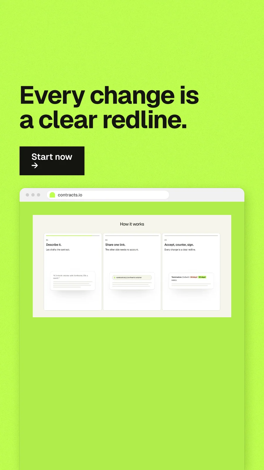 Instagram story for contracts.io: "Every change is a clear redline." Swiss style, browser layout, light palette in green.