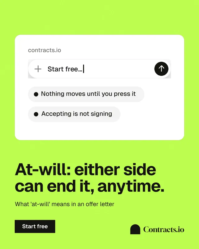 Instagram portrait post for contracts.io: "At-will: either side can end it, anytime." Swiss style, bottom layout, light palette in white, green.