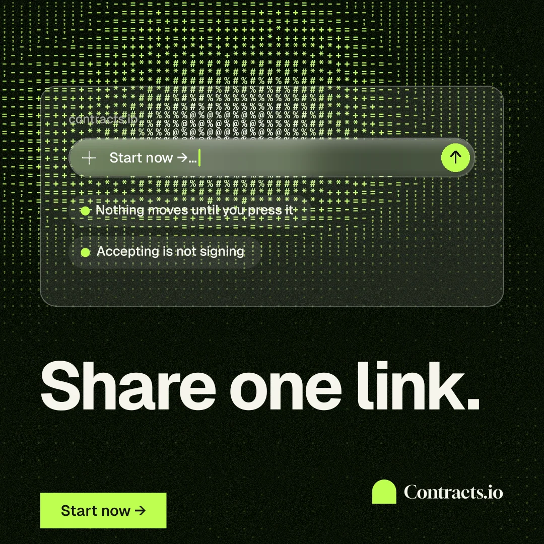 Instagram post for contracts.io: "Share one link." Swiss style, bottom layout, dark palette in green, black, grey.
