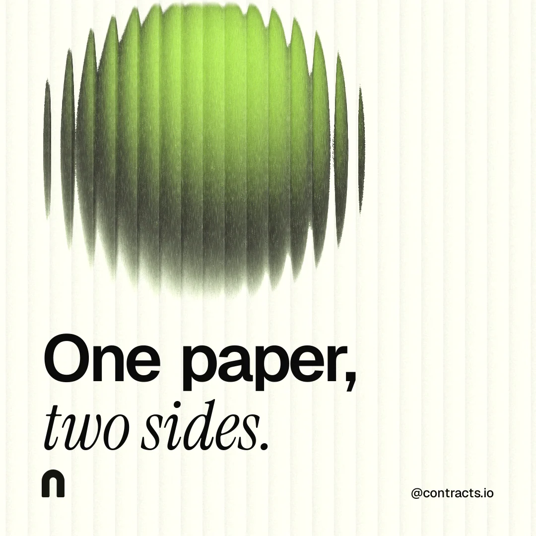 Instagram post for contracts.io: "One paper, two sides." Auto 1x1 style, technique:shader field layout, light palette in white, grey, green.