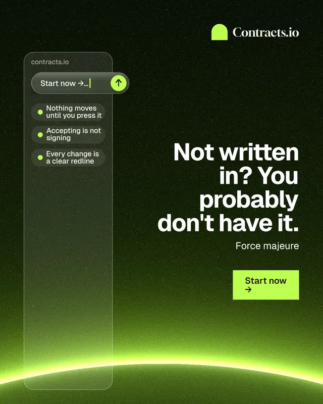 Instagram portrait post for contracts.io: "Not written in? You probably don't have it." Swiss style, right layout, dark palette in black, green.