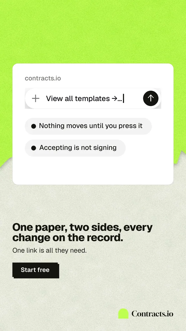 Instagram story for contracts.io: "One paper, two sides, every change on the record." Paper trio style, bottom layout, light palette in white, green, yellow.